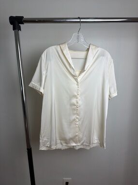 SHEIN Cream Satin Blouse Button Front Short Sleeve Top Size Large